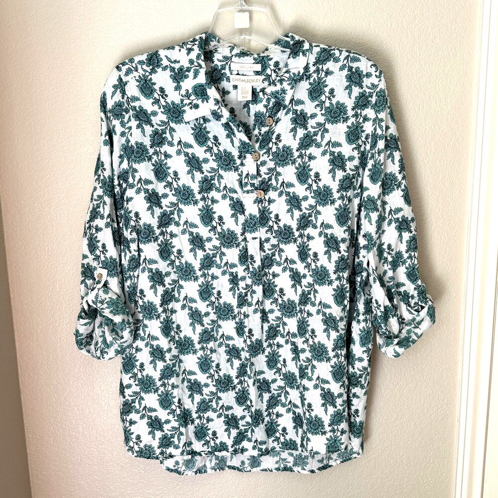 Cynthia Rowley 100% linen green floral tunic blouse, Size 2X, cottagecore‎